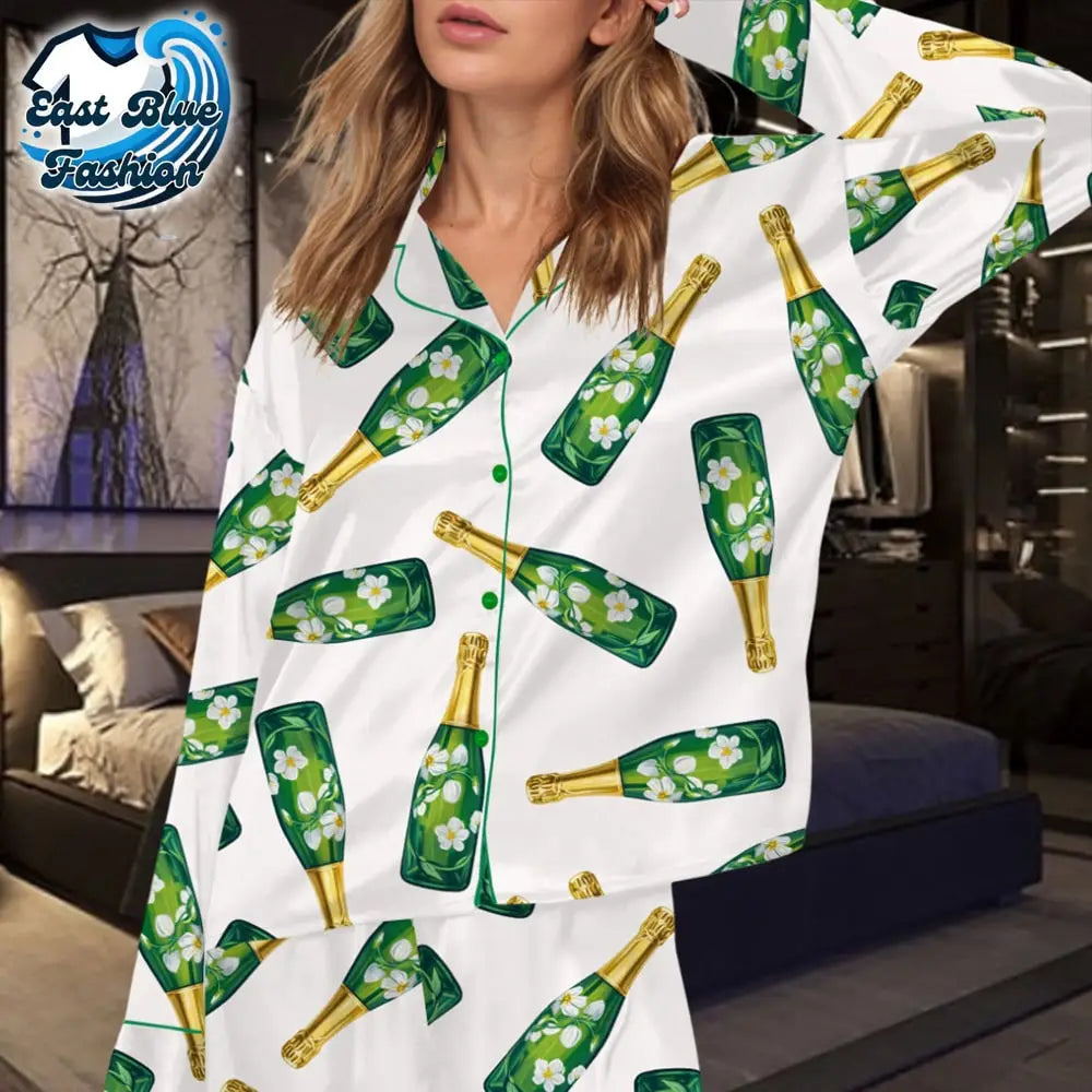 Floral Champagne Bottle Silky Satin Pajama Set
