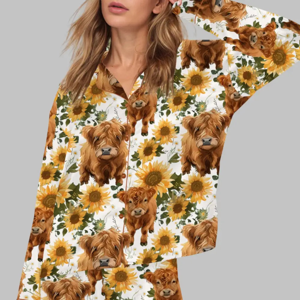 Highland Cow Sunflower Silky Satin Pajama Set3
