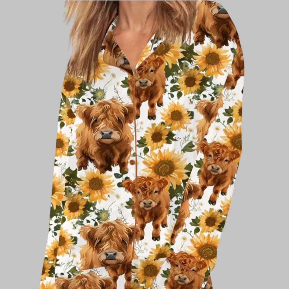 Highland Cow Sunflower Silky Satin Pajama Set2