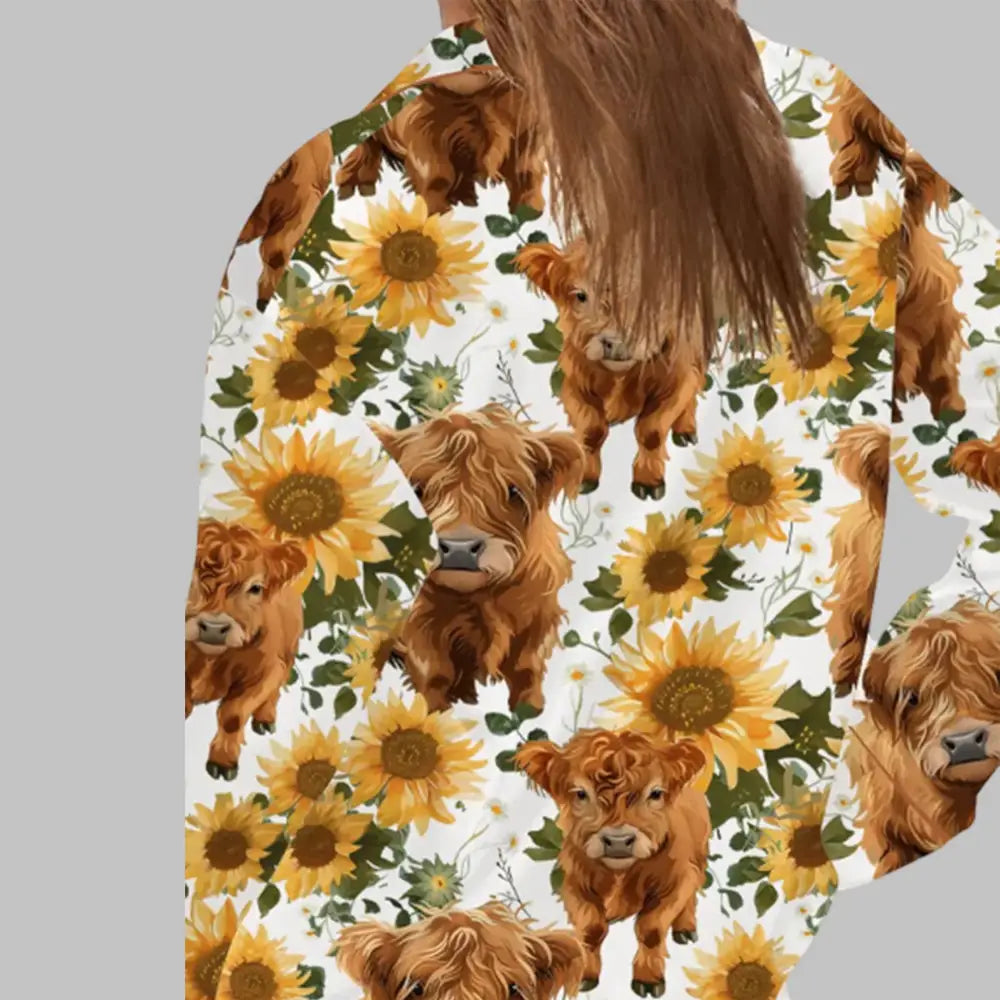 Highland Cow Sunflower Silky Satin Pajama Set1