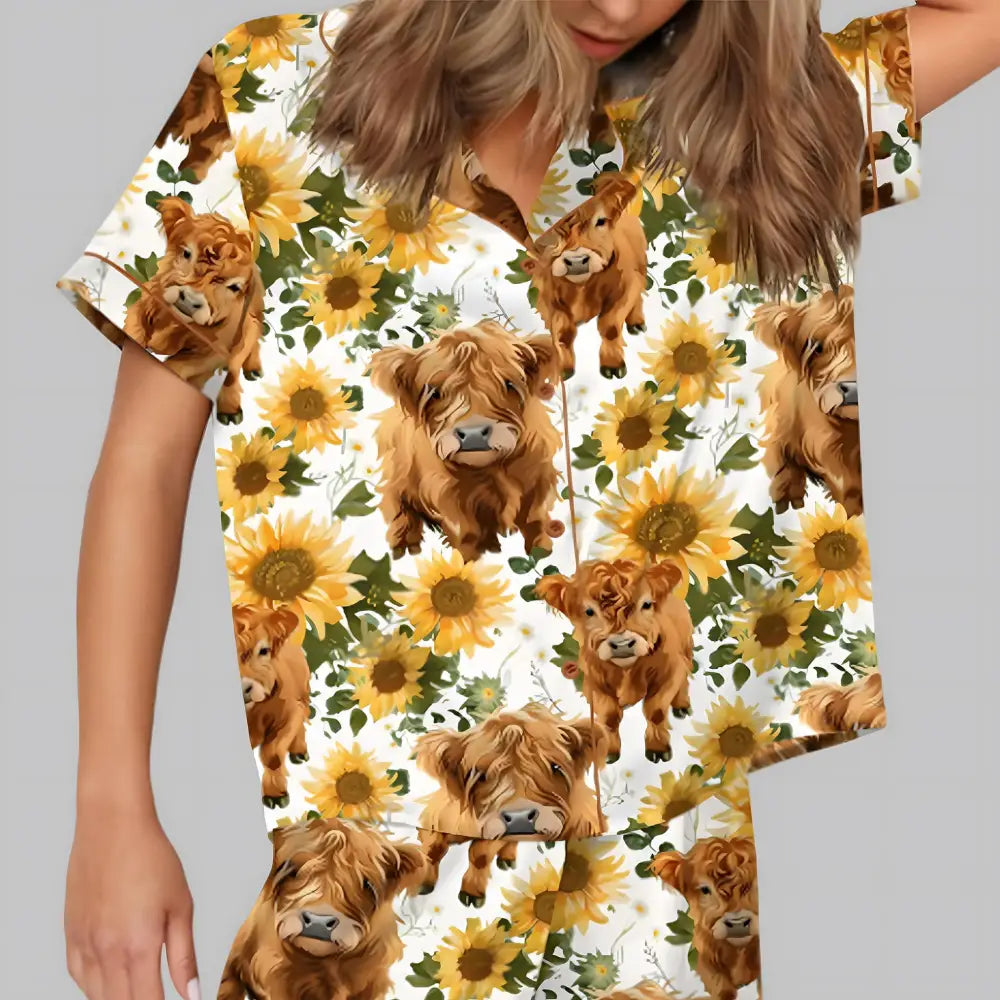Highland Cow Sunflower Silky Satin Pajama Set