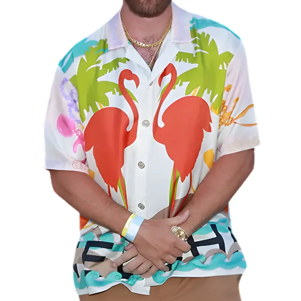 Jason Kelce Wearing A Flamingo Pink Aban Benny Hawaiian Shirt