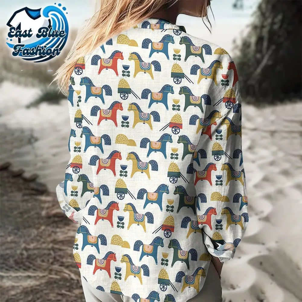 Petite Horse Repeat Pattern Printed Women’s Casual Long Sleeve Comfortable Cotton Shirt