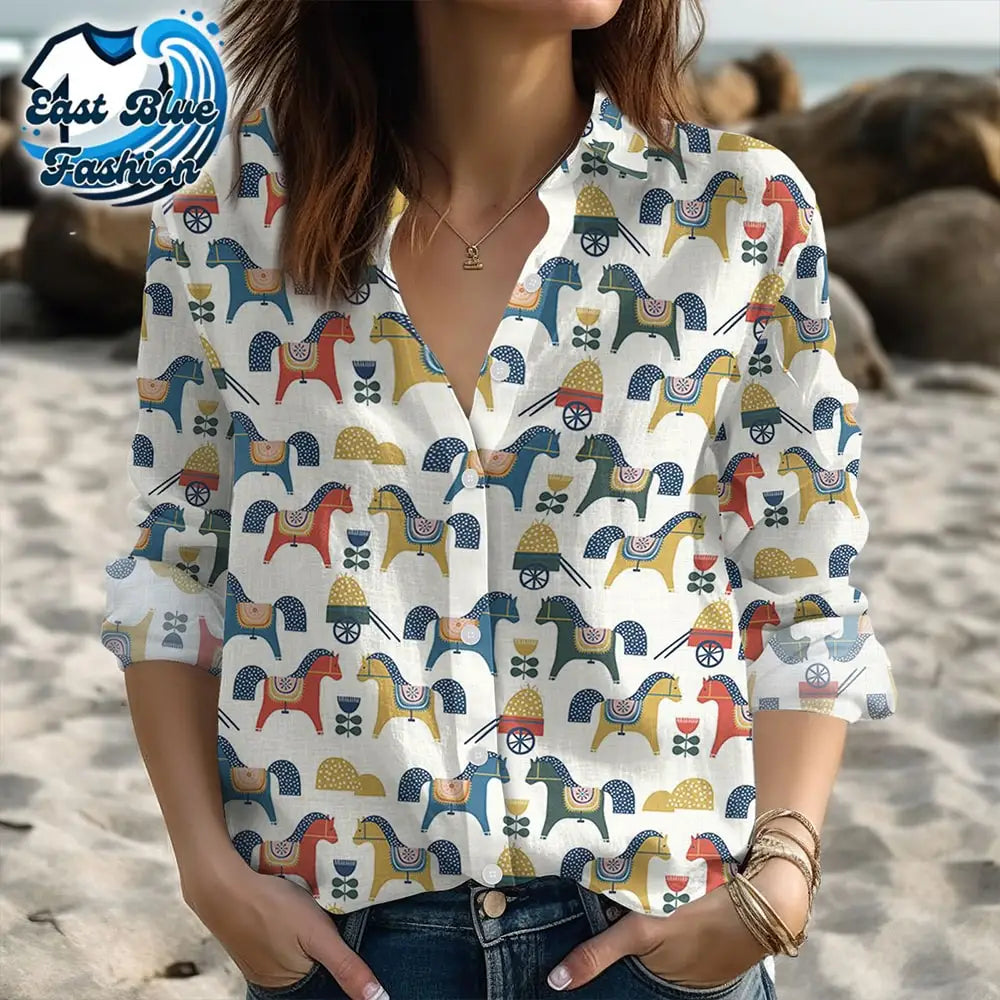 Petite Horse Repeat Pattern Printed Women’s Casual Long Sleeve Comfortable Cotton Shirt - Black / S