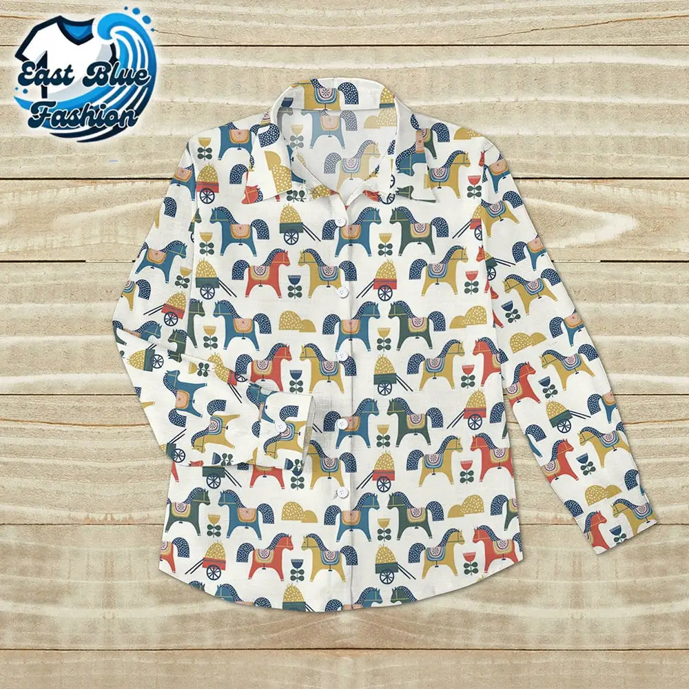 Petite Horse Repeat Pattern Printed Women’s Casual Long Sleeve Comfortable Cotton Shirt - White / S