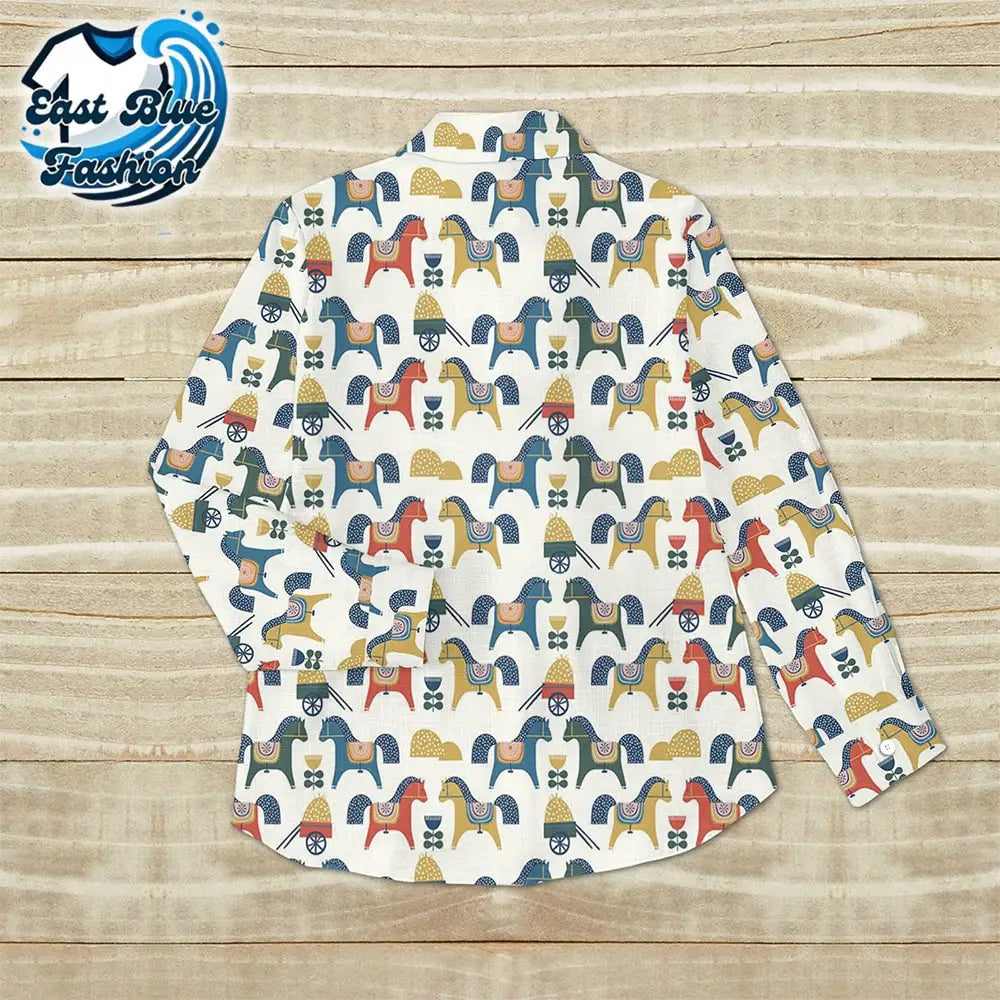 Petite Horse Repeat Pattern Printed Women’s Casual Long Sleeve Comfortable Cotton Shirt