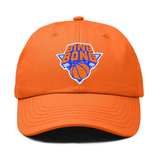 Bing Bong New York 2025 Playoffs Hat in vibrant orange featuring blue logo and basketball motif