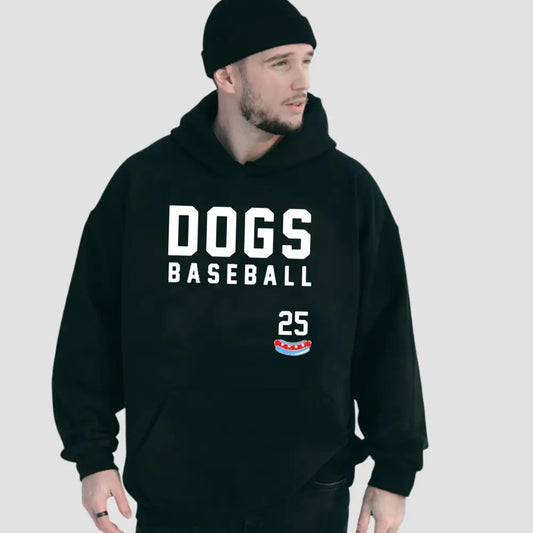 Black hoodie featuring 'DOGS BASEBALL 25' design, perfect for fans of Chicago Dogs baseball team.