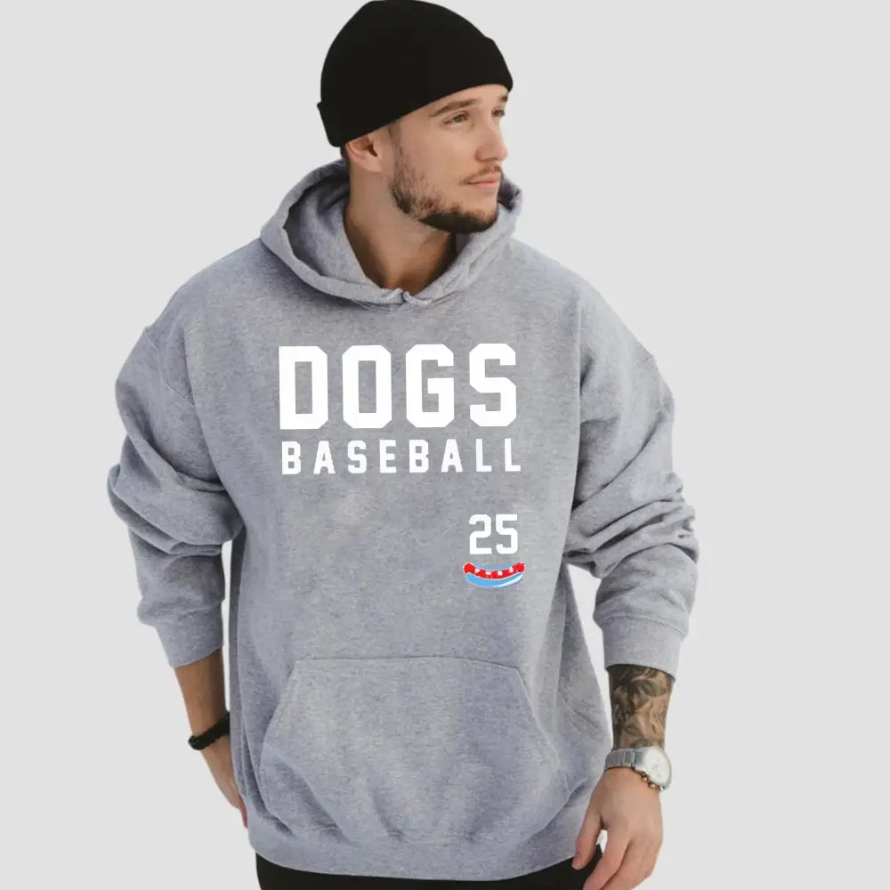 Chicago Dogs Baseball 25 hoodie worn by a young man, showcasing team spirit and community pride.