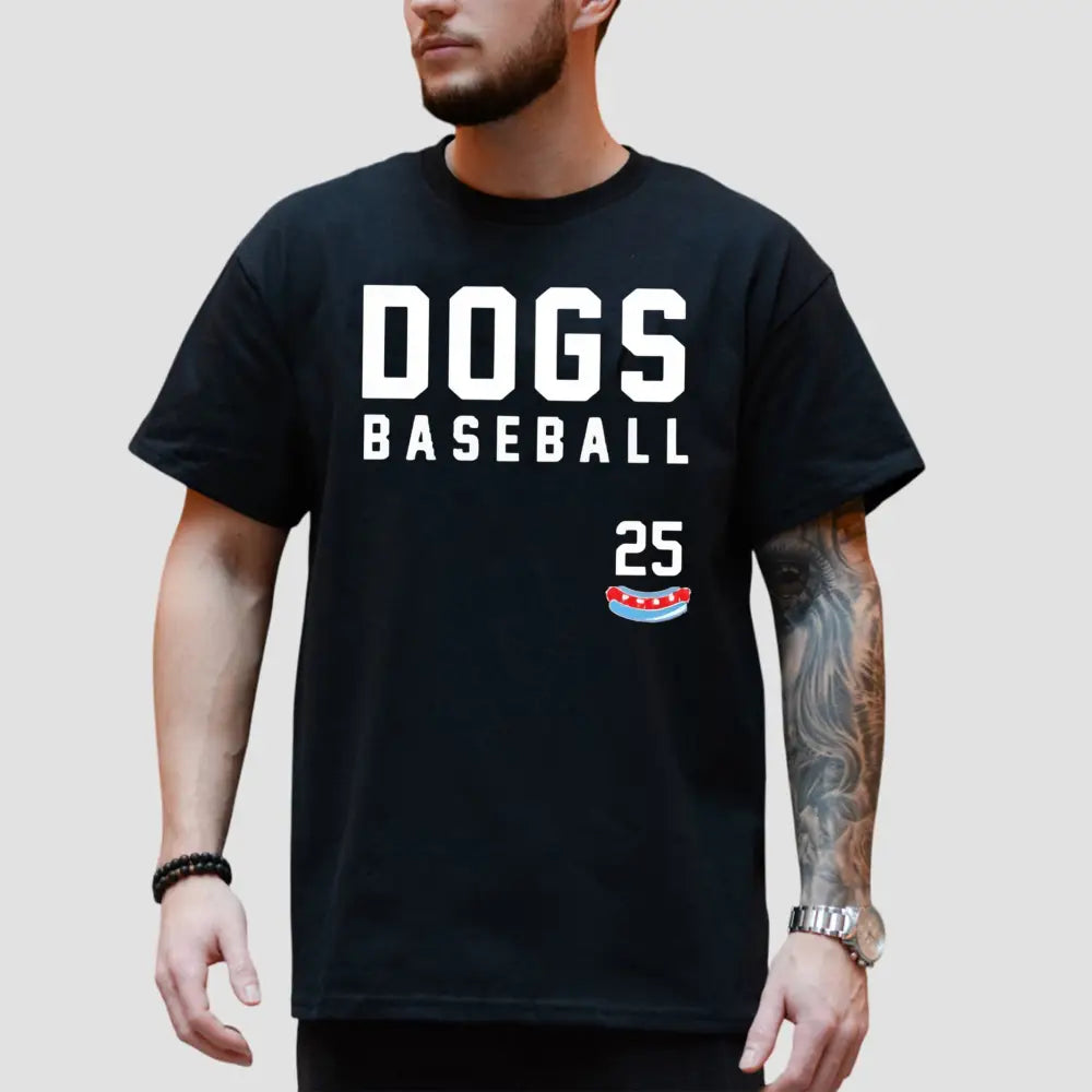 Black t-shirt featuring 'DOGS BASEBALL 25' design, showcasing Chicago Dogs team pride and spirit.