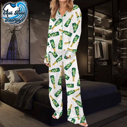 Floral Champagne Bottle Silky Satin Pajama Set1