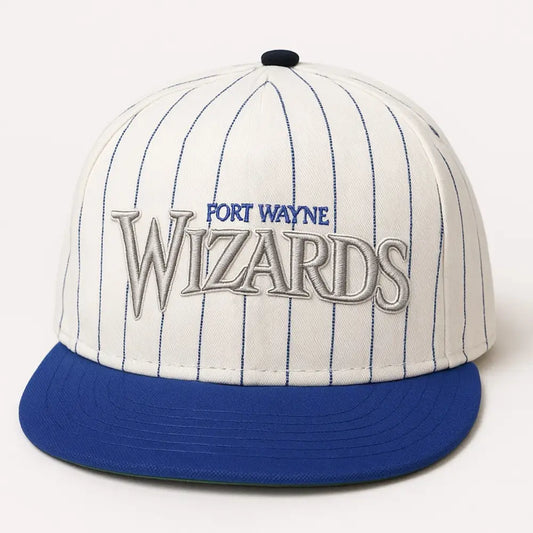 Fort Wayne Wizards throwback hat featuring pinstripes and blue brim, celebrating the team's history and memories.