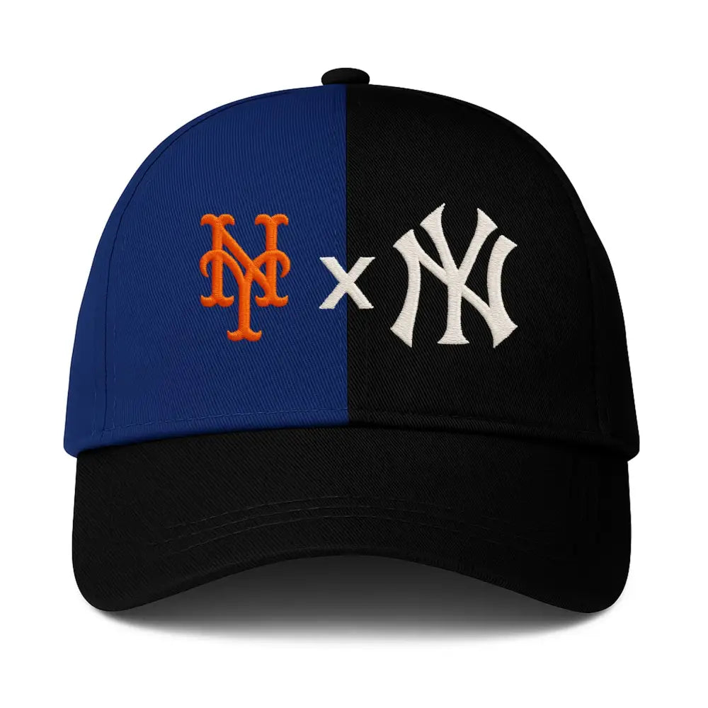 Gary Cohen Mets Yankees hat featuring NY logos split design, combining team spirit for rival baseball teams.