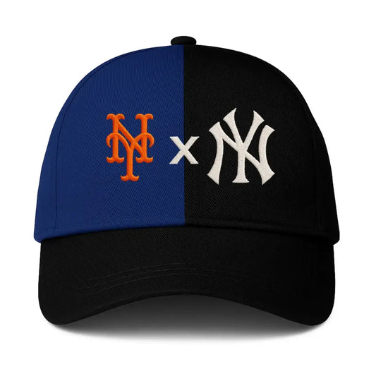 Gary Cohen Mets Yankees hat featuring NY logos split design, combining team spirit for rival baseball teams.