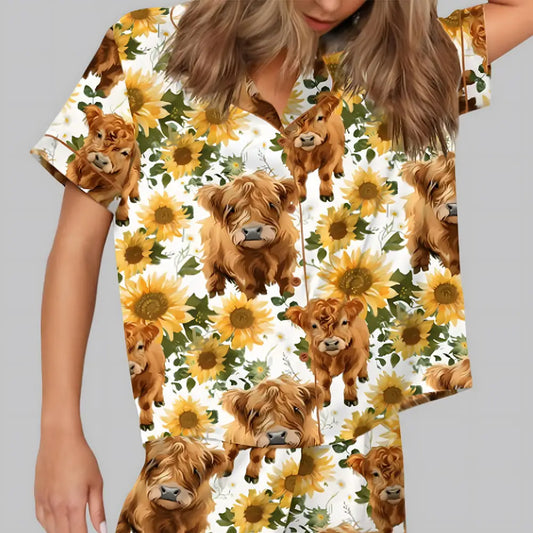 Highland Cow Sunflower Silky Satin Pajama Set