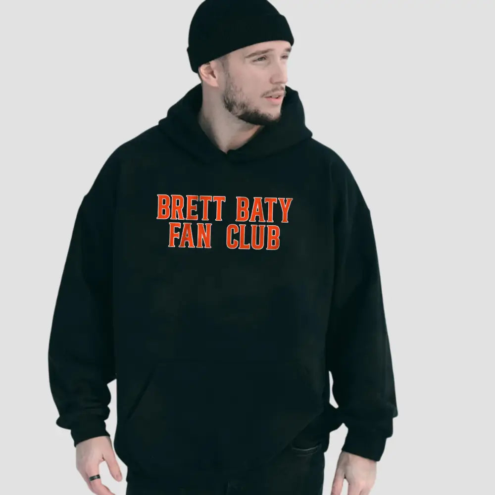 Black hoodie featuring Brett Baty Fan Club text, perfect for dedicated New York Mets fans.