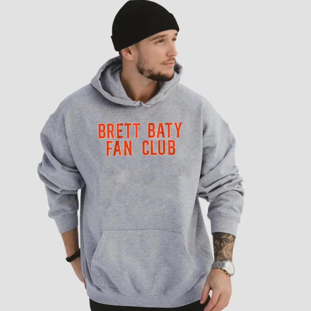 Gray hoodie featuring 'Brett Baty Fan Club' text, perfect for fans supporting the New York Mets star.