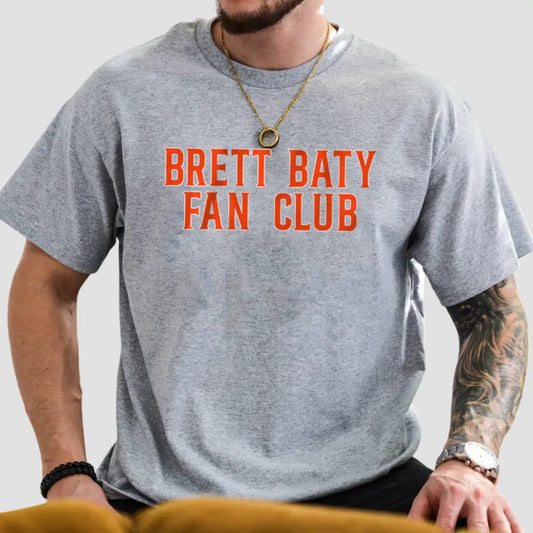Brett Baty Fan Club gray T-shirt worn by a person, showcasing support for the Mets player.