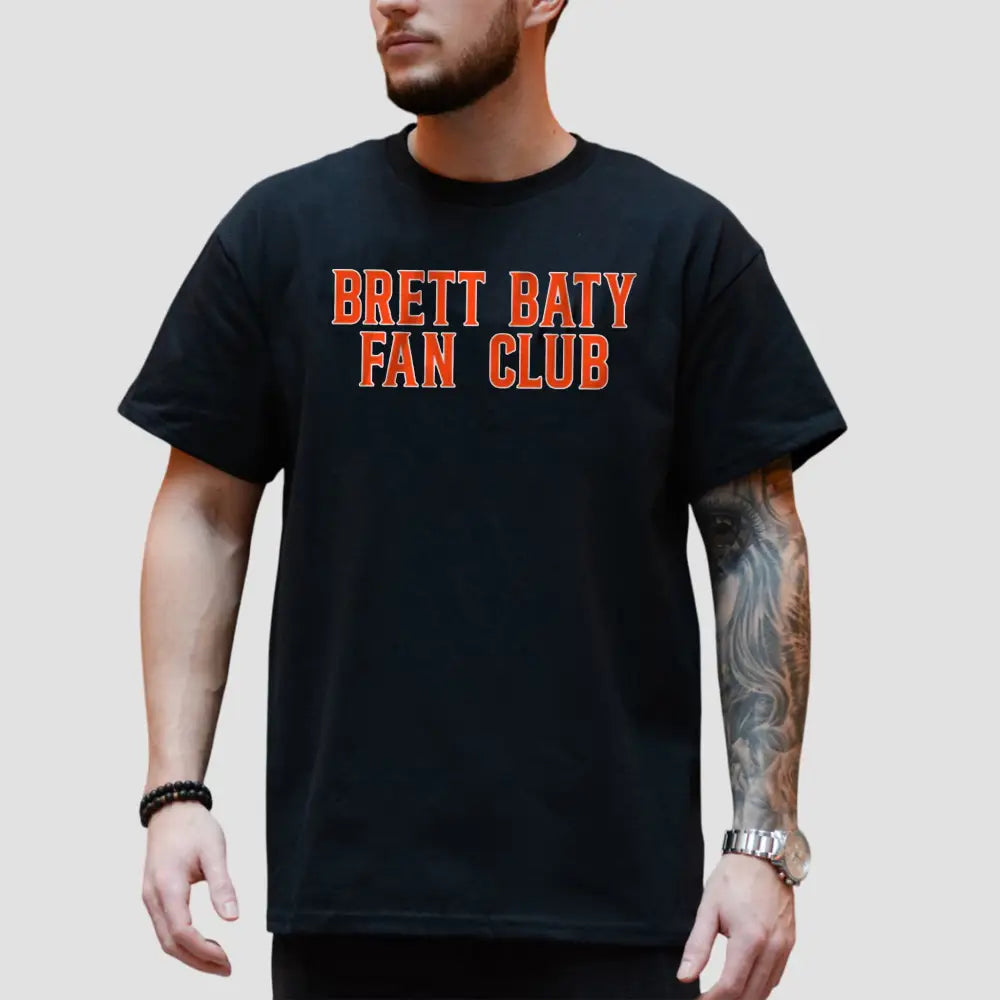 Black Brett Baty Fan Club T-shirt worn by a male model, perfect for New York Mets fans.