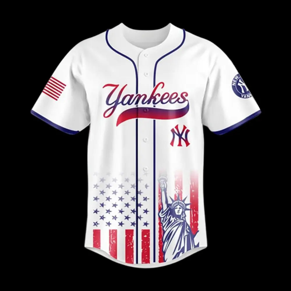 New York Yankees Independence Day 2025 baseball jersey featuring American flag design and Statue of Liberty details.
