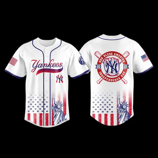 NY Yankees Independence Day 2025 Baseball Jersey featuring American flag inspired design and Statue of Liberty details.