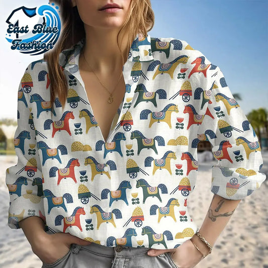 Petite Horse Repeat Pattern Printed Women’s Casual Long Sleeve Comfortable Cotton Shirt - Blue / S