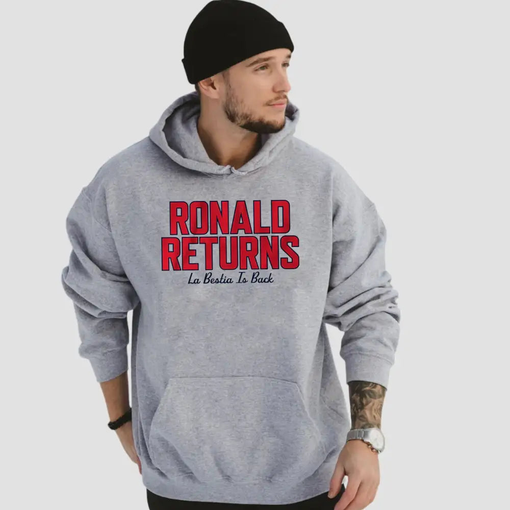 Gray hoodie featuring 'Ronald Returns La Bestia Is Back' design, perfect for fans of Ronald Acuña Jr.