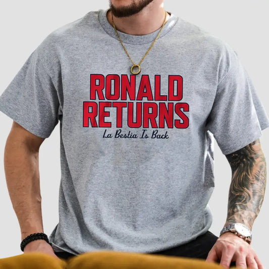 Ronald Acuña Jr. 'La Bestia Is Back' shirt, celebrating his return in sports fashion.