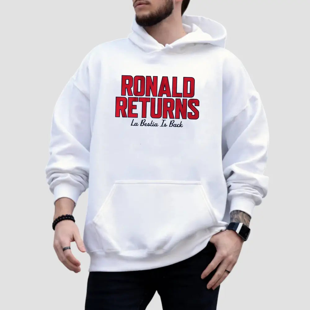 White hoodie featuring 'Ronald Returns La Bestia Is Back' design, celebrating Ronald Acuña Jr.'s comeback.