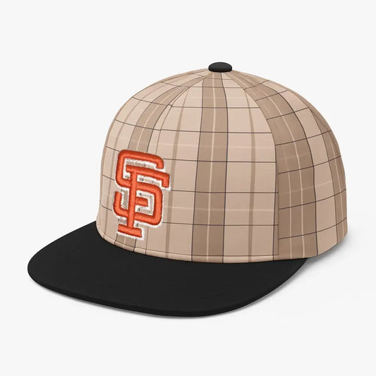 Beige and black plaid San Francisco Giants cap featuring orange 'SF' logo.