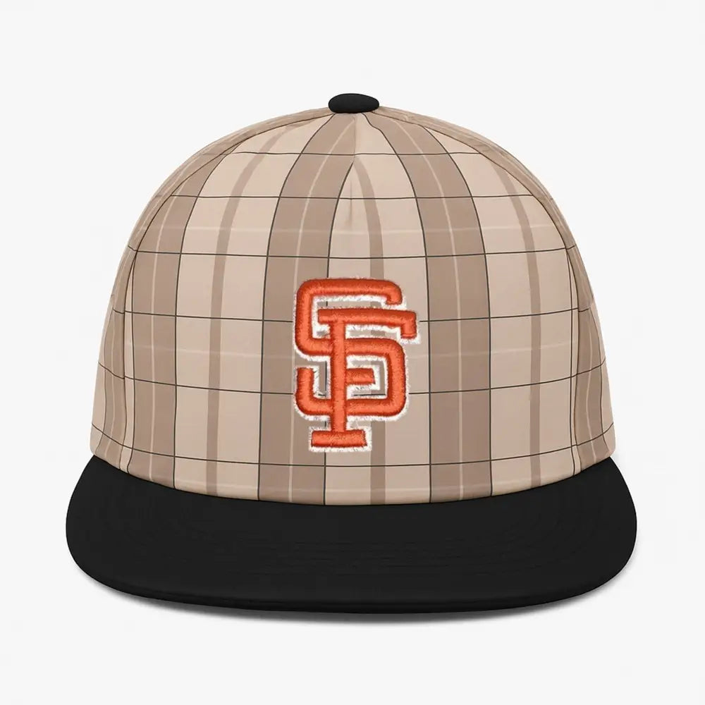 Shai Gilgeous-Alexander San Francisco Giants plaid cap in beige and black featuring orange SF logo.