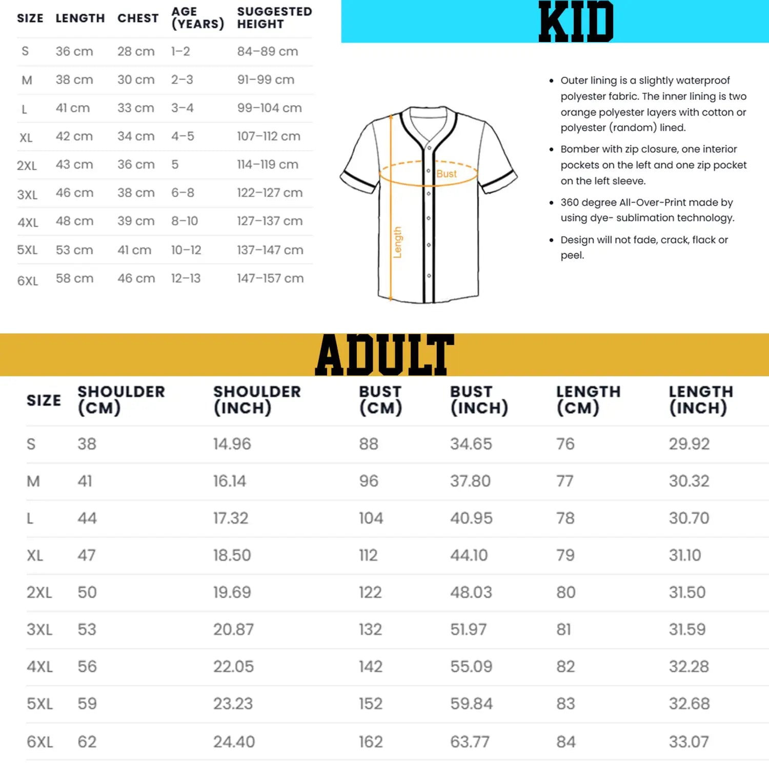 Baseball jersey size chart for kids and adults at Vatican City Connect Pope store