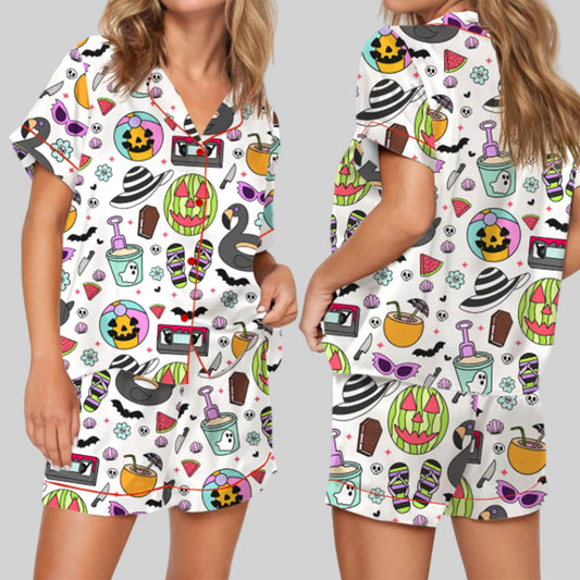 Summerween Halloween Spooky Silky Satin Pajama Set For Women