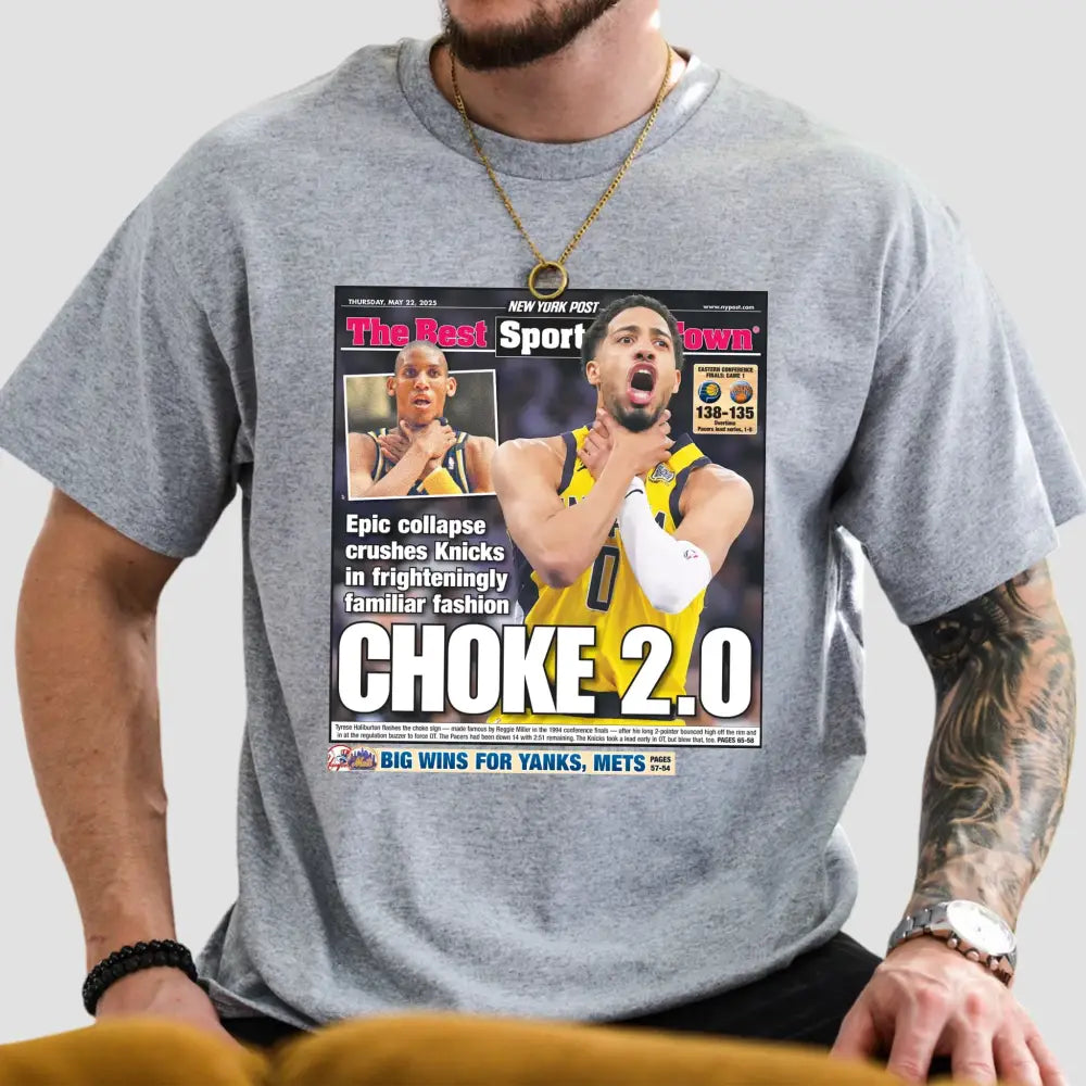 Tyrese Haliburton Choke 2.0 T-Shirt featuring a humorous newspaper headline about Knicks loss.