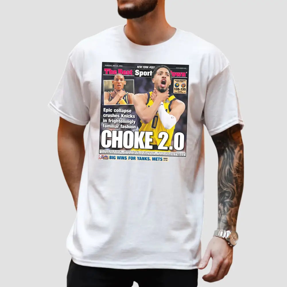 Tyrese Haliburton Choke 2.0 Big Wins For Yanks T-Shirt featuring sports newspaper design.